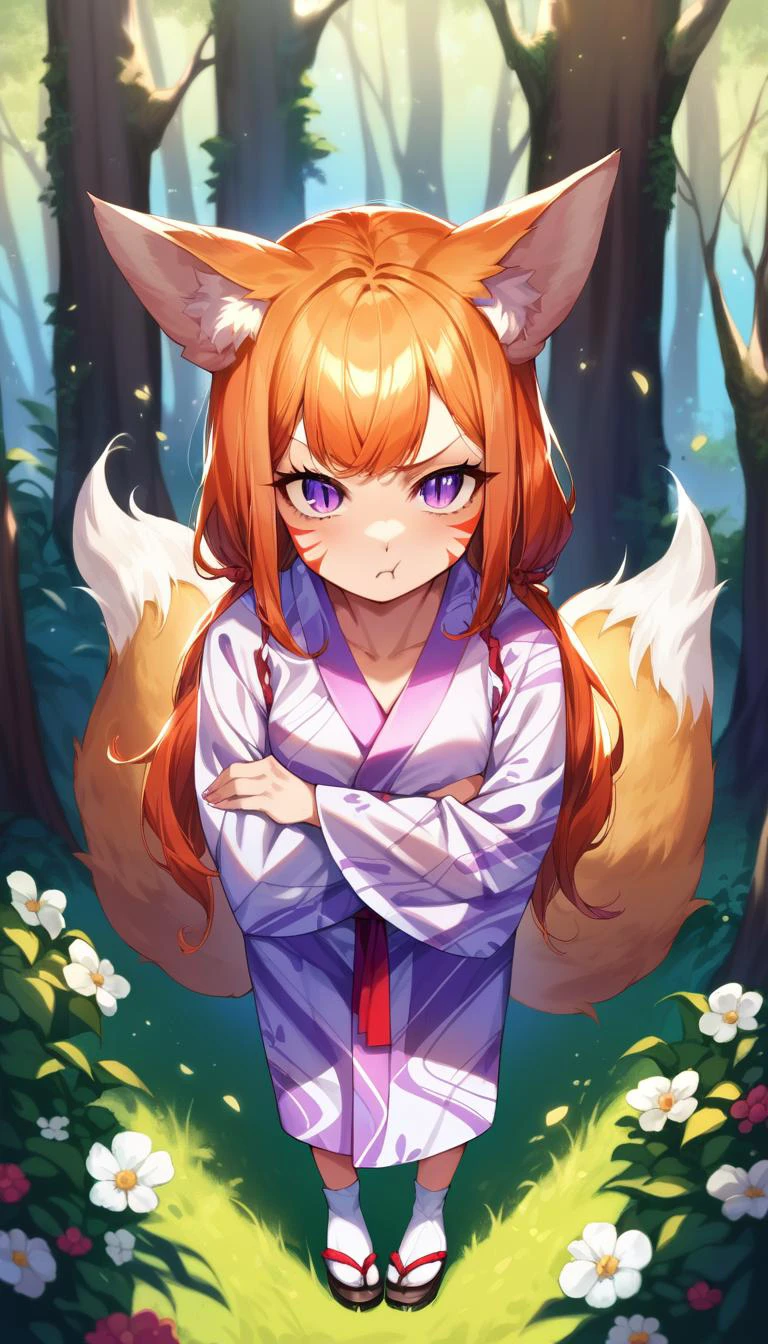 score_9, score_8_up, score_explicit, source_anime, hardcore, BREAK
1girl, fox girl, kitsune, , long hair, low twintails
angry expression, pout, purple eyes, slit pupils, ginger fur, facial marks, small breasts, extreme detailed skin, two long fluffy fox tail,
short pink yukata with flower pattern, red belt, small white socks, black sandals, detailed clothing texture,
masterpiece, standing, leaning forward, arms crossed, looking at viewer, forest background, detailed background, noon, autumn, face closeup