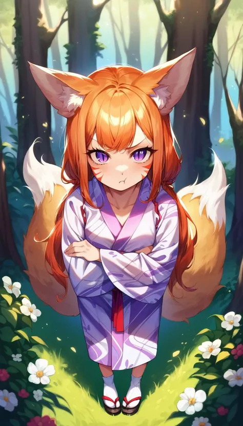 score_9, score_8_up, score_explicit, source_anime, hardcore, BREAK
1girl, fox girl, kitsune, young teen, long  hair, low twintails
angry expression, pout, purple eyes, slit pupils, ginger fur, facial marks, small breasts, extreme detailed skin, two long fluffy fox tail,
short pink yukata with flower pattern, red belt, small white socks, black sandals, detailed clothing texture,
masterpiece, standing, leaning forward, arms crossed, looking at viewer, forest background, detailed background, noon, autumn, face closeup