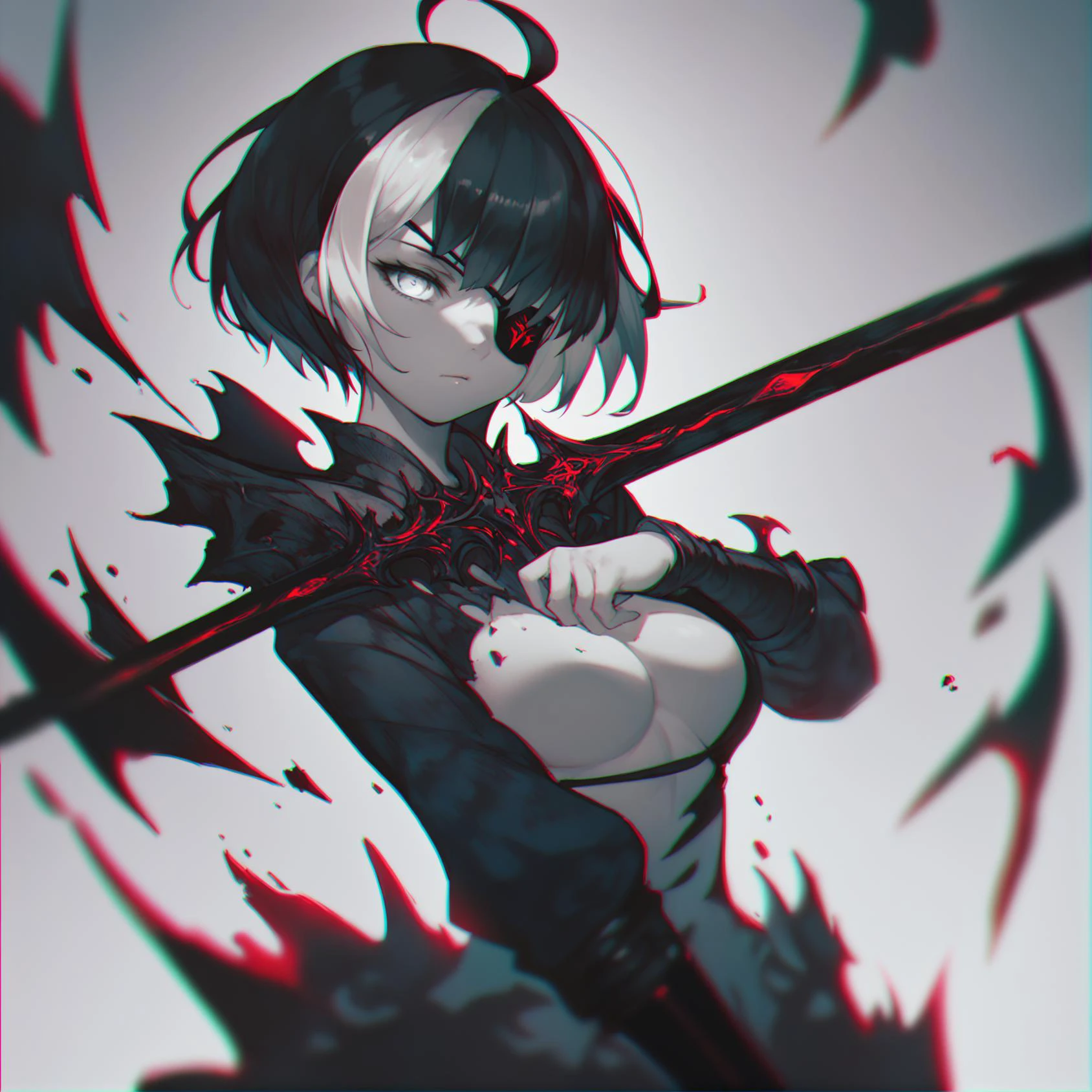 score_9, score_8, score_7_up, anime_source, anime, chromatic aberration, depth of field, monochrome, silver eyes, long black hair, bangs, eyepatch, two-tone hair, breasts, simple background, evil, large ahoge, dark aura, curse, souless, sword,