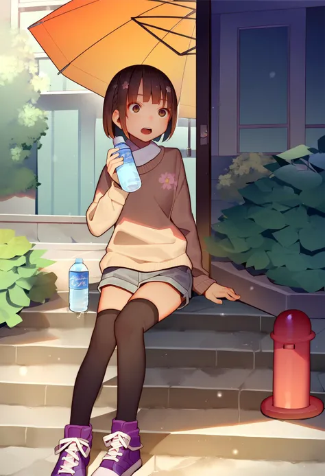 by muk \(monsieur\), score_9, score_8_up, score_7_up, best quality, masterpiece, uncensored, source_anime
BREAK
miyu (tiny evil), 1girl, :o, black thighhighs, blunt bangs, bottle, brown eyes, brown hair, brown sweater, can, casual, door, fan, fire hydrant, grey shorts, industrial, lamp, open mouth, outdoors, raised eyebrows, rust, shoes, short hair, shorts, sitting, sneakers, solo, stairs, surprised, sweater, thighhighs, towel, umbrella, water bottle