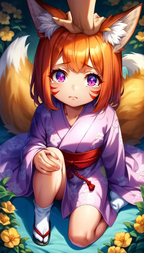 score_9, score_8_up, score_explicit, source_anime, hardcore, BREAK
1girl, fox girl, kitsune, child, medium hair,
sad expression, :c, purple eyes, sparkling eyes, slit pupils, tears, ginger fur, facial marks, (small breasts:0.8), extreme detailed skin, one long fluffy fox tail,
pink yukata with flower pattern, red belt, small white socks, black sandals, detailed clothing texture,
masterpiece, sitting on ground, (scratch on knee:1.2), looking at viewer, headpat, forest background, detailed background, noon, from above, face closeup