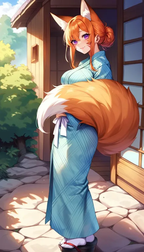 score_9, score_8_up, score_explicit, source_anime, hardcore, BREAK
1girl, fox girl, kitsune, adult, tall, medium hair, delicate haircut, intricate hair details,
loving expression, smile, purple eyes, slit pupils, blush, ginger fur, facial marks, [medium breasts : big breasts: 5], extreme detailed skin, one long fluffy fox tail,
light green yukata with wines pattern, white belt, long white stockings, black sandals, detailed clothing texture, 
masterpiece, standing, looking at viewer, gentle waist grab, outdoors, small log house background, detailed background, morning, spring, from side,