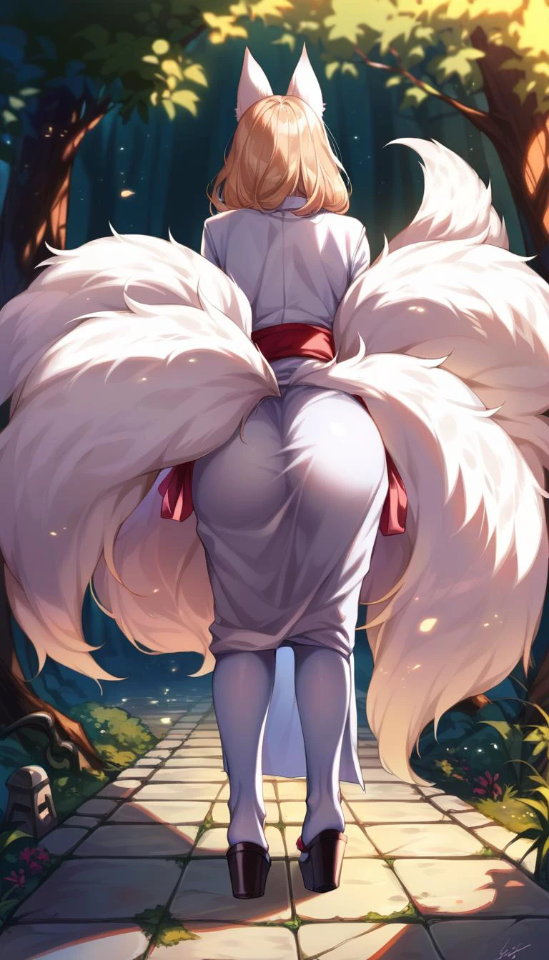 score_9, score_8_up, score_explicit, source_anime, hardcore, BREAK
1girl, fox girl, kitsune, milf, tall, medium hair, delicate haircut, intricate hair details,
shiny white fur, extreme detailed skin, nine long fluffy fox tails, tails through clothes,
white and red yukata, red belt, long white stockings, black sandals, detailed clothing texture,
masterpiece, standing in front of a grave, simple gravestone, praying, respecting bow, spread all nine tais outdoors, forest background, detailed background, evening, spring, from behind