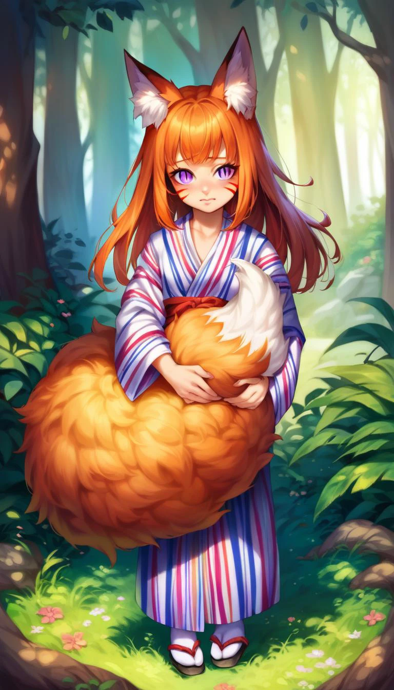 score_9, score_8_up, score_explicit, source_anime, hardcore, BREAK
1girl, fox girl, kitsune, ,
shy expression, d:, purple eyes, slit pupils, ginger fur, facial marks, small breasts, extreme detailed skin, one long fluffy fox tail,
colorful yukata, red belt, small white socks, black sandals, detailed clothing texture,
masterpiece, standing, hugging own tail, forest background, detailed background, noon