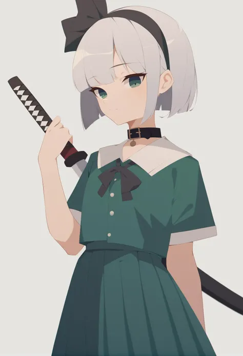 best quality, masterpiece, score_9, score_8_up, (minimalistic, flat colors:1.3),
1girl, konpaku youmu, katana, silver hair, short cut, green dress, collar, bow, hairband, ribbon, pleated skirt,
outdoors, simple background