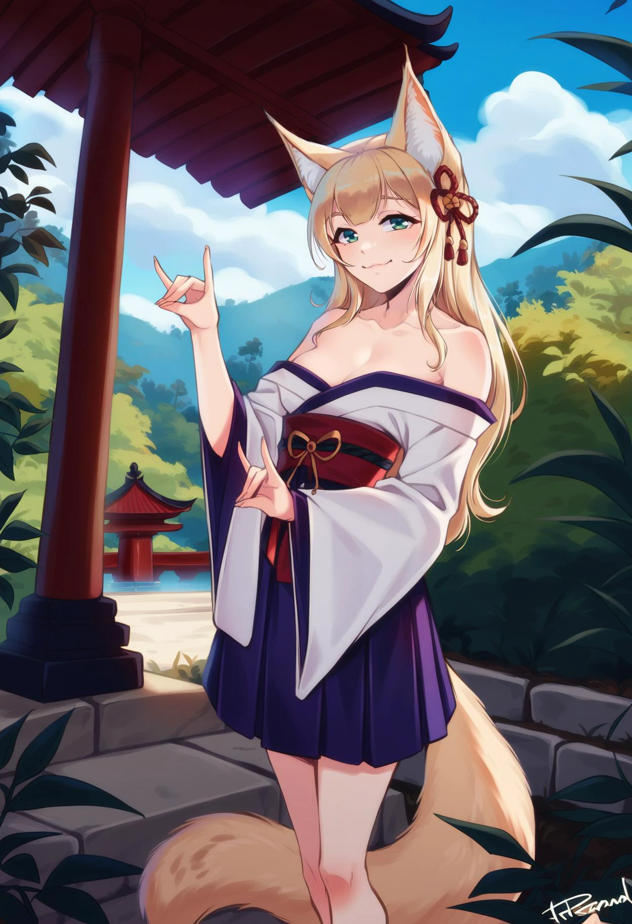by personal ami, score_9, best quality, masterpiece, uncensored, source_anime
BREAK
1girl, kinako \(40hara\), cat girl, cat ears, animal ear fluff, cat tail, blonde hair, long hair, green eyes, collarbone, bare shoulders, japanese clothes, purple skirt, clothes cutout, small breasts, cleavage, long sleeves, holding fan, smug, fox shadow puppet,
outdoors, japanese temple, stunning scenery of oriental stone garden, pagoda, bamboo forest, dusk