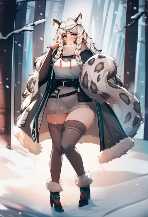 (by ehrrr, by 92m:0.7), best quality, masterpiece, score_9, score_8_up,
1girl, pramanix \(arknights\), twin braid, belt pouch, silver hair, cat girl, cat ears, big fluffy cat tail, spotted tail, thighhighs, fur trim, grey fur coat, hips, full body,
holding own tail, posing, outdoors, winter, abstract background