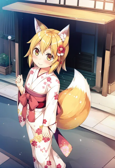 by sakuraba hikaru \(loveindog\), by kantoku,best quality, masterpiece, score_9, score_8_up,
1girl, senko \(sewayaki kitsune no senko-san\), blonde hair, flat chest, fox ears, fox tail, hair flower, pink kimono, floral print, yukata, waist bow, hips,, smiling, tilted head, tail ornament, tail bow, walking down the street, oriental, outdoors,