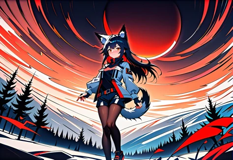 score_9, score_8_up, score_7_up, score_6_up, best quality, masterpiece, uncensored, source_anime,
texas \(arknights\), arknights, animal ear fluff, animal ears black hair, brown eyes, gloves, hair between eyes, long hair, two-tone hair, v-shaped eyebrows, very long hair, wolf ears, wolf girl, wolf tail,black footwear, black gloves, black shorts,brown pantyhose, fingerless gloves, jacket, long sleeves, pantyhose under shorts, shoes, short shorts, shorts, white jacket
cowboy shot,
red leaves, (red moon, red sky), night, moon ray, (snowy field), (atmospheric lighting:1.1), moonrays
hdr,sharp, high_contrast, by aigenerated