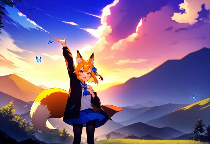 source_anime, score_9, score_8_up, score_7_up, score_6_up,
senko \(sewayaki kitsune no senko-san\), 
a cute girl standing in the middle of green flowering meadow, looking to the sky a stretching hand trying to reach it, she is happy and calm,
1girl, animal_ear_fluff, fox girl, fox ears, fox tail, kitsune, eyelashes, blonde hair, short hair, yellow eyes, hair flower barrette, pantyhose, blue short plated skirt, black jacket, white shirt, blue ascot, opened clothes, armpits, off shoulders, standing, hand up, hand on own chest,  looking up,
outdoors, scenery, landscape, mountain range, butterflies, sunrise, god rays,
hdr, sharp, (background by aigenerated:0.5)
 <lora:senko_ponyxl_v2:0.65>