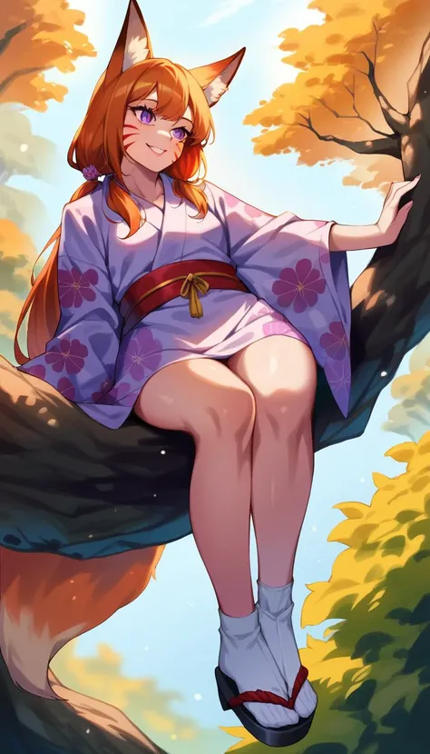 score_9, score_8_up, score_explicit, source_anime, hardcore, BREAK
1girl, fox girl, kitsune, teen, long hair, low twintails
fierce expression, :3, smile, purple eyes, slit pupils, ginger fur, facial marks, small breasts, extreme detailed skin, two long fluffy fox tail,
pink yukata with flower pattern, red belt, small white socks, black sandals, detailed clothing texture,
masterpiece, climbing a tree, looking up, forest background, detailed background, noon, from below, autumn