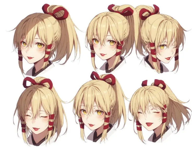 score_9, source_anime, score_8_up, score_7_up, character sheet, sensitive, 1girl, long hair, blush, smile, open mouth, simple background, blonde hair, white background, ribbon, closed eyes, yellow eyes, hair ribbon, ponytail, japanese clothes, red ribbon, lips, multiple views, makeup, alternate hairstyle, lipstick, tress ribbon, expressions <lora:character_sheet:0.9>