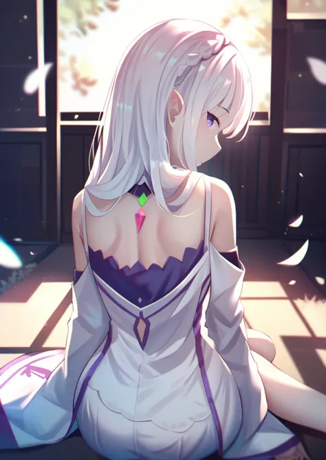 by mirufuaa, best quality, masterpiece, score_9, score_8_up, score_7_up, <lora:Emilia-XL-V7:1> Emilia, purple eyes, white hair, looking at viewer, from behind, sitting, wariza,