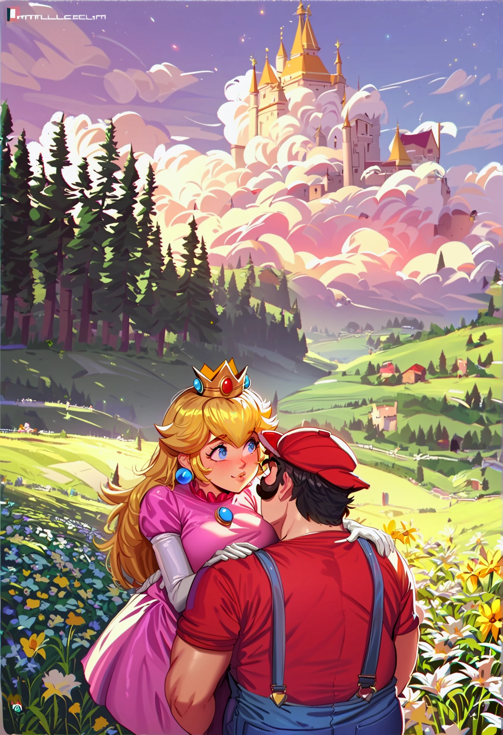 by mathias leth, by alphonse \(white datura\), by shellvi, by alp best quality, masterpiece, score_9, score_8_up, score_7_up, sharp,
Couple, 1boy, mario, mario \(series\), mustache,red hat, black hair, plumber, overalls, red shirt, (fat man:1.2),
Couple, 1girl, princess peach, pink dress, crown, long hair, large breasts,
castle,
skindentation, shiny skin, forest meadow, flowers, sunny day, clouds, epic landscape <lora:XDetail_heavy:1>