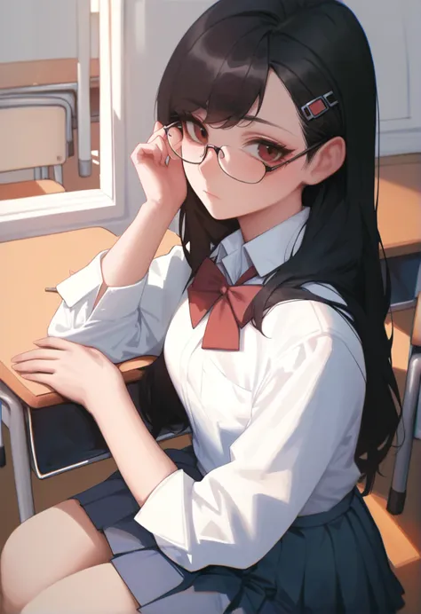 score_9, score_8_up, score_7_up,
1girl, mochirong, freng, ciloranko, expressionless, shirt, white shirt, skirt, pleated skirt, school uniform, long hair, single one sidelock, hairclip, classroom, glasses, looking at viewer, blush,