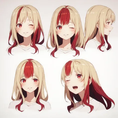 score_9, source_anime, score_8_up, score_7_up, character sheet, sensitive, 1girl, white background, multiple views, upper body, smile, blush, open mouth, closed mouth, parted lips, teeth, one eye closed,1girl, long hair, looking at viewer, reference sheet, expressions, ((from side)), multicolored hair, red hair, blonde hair <lora:character_sheet:0.8>