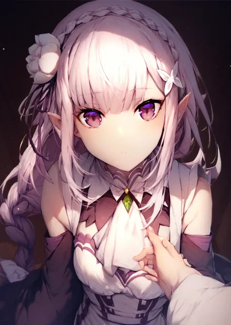 (by m-da s-tarou:0.4), (by swd3e2:0.6), (by baku-p:0.5), best quality, masterpiece, score_9, score_8_up, score_7_up, pov, looking at viewer, <lora:rezero-emilia-ponyxl-lora-nochekaiser:1> emilia, braid, crown braid, flower, hair flower, hair ornament, hair ribbon, long hair, pointy ears, purple eyes, white hair, x hair ornament, <lora:aisha-greyrat-s2-ponyxl-lora-nochekaiser:1>, long sleeves, apron, maid, ascot, white apron, white ascot,