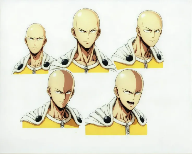 score_9, source_anime, score_8_up, score_7_up, character sheet, general, looking at viewer, smile, open mouth, simple background, shirt, white background, 1boy, closed mouth, male focus, teeth, cape, multiple views, profile, frown, traditional media, angry, serious, bald, white cape, reference sheet, expressions, collage, saitama (one-punch man) <lora:character_sheet:0.8>