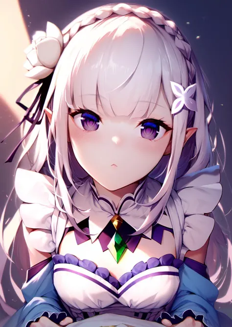 (by m-da s-tarou:0.4), (by swd3e2:0.6), (by baku-p:0.7), best quality, masterpiece, score_9, score_8_up, score_7_up, pov, looking at viewer, <lora:rezero-emilia-ponyxl-lora-nochekaiser:1> emilia, braid, crown braid, flower, hair flower, hair ornament, hair ribbon, long hair, pointy ears, purple eyes, white hair, x hair ornament, <lora:alice-mononobe-ponyxl-lora-nochekaiser:1>, apron, blue dress, collared dress, dress, frilled dress, frills, white apron,