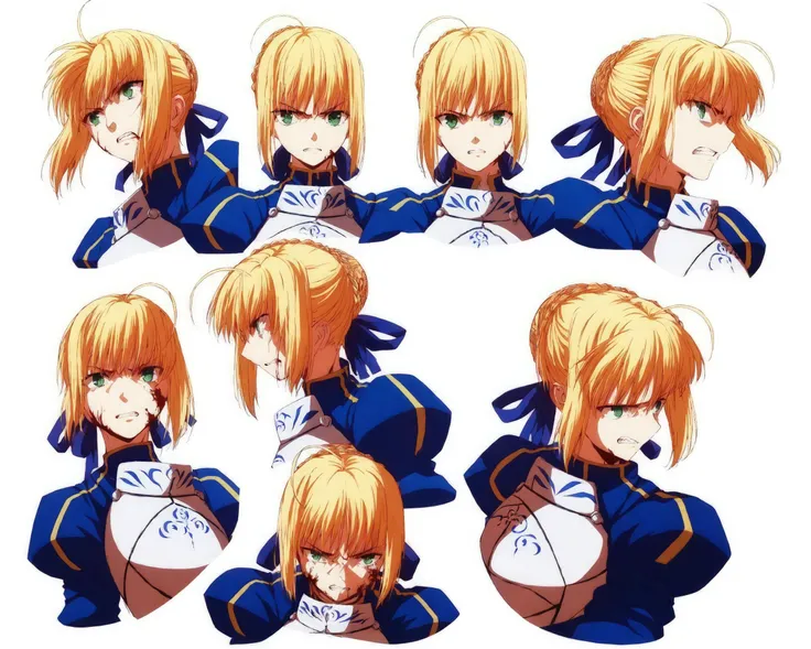 score_9, source_anime, score_8_up, score_7_up, character sheet, sensitive, 1girl, simple background, blonde hair, white background, dress, ribbon, green eyes, ahoge, braid, hair ribbon, teeth, puffy sleeves, tears, hair bun, armor, multiple views, profile, blood, single hair bun, clenched teeth, angry, blood on face, armored dress, reference sheet, expressions, artoria pendragon (fate), saber (fate) <lora:character_sheet:0.9>
