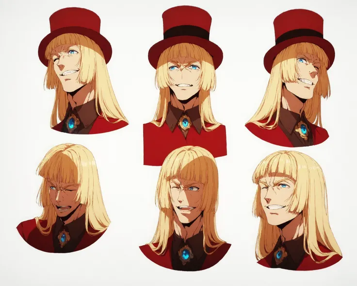 score_9, source_anime, score_8_up, score_7_up, character sheet, sensitive, long hair, smile, open mouth, blue eyes, simple background, blonde hair, white background, 1boy, hat, male focus, one eye closed, blunt bangs, grin, multiple views, profile, red headwear, angry, top hat, hime cut, laughing, reference sheet, expressions <lora:character_sheet:0.9>