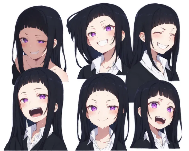 score_9, source_anime, score_8_up, score_7_up, character sheet, sensitive, 1girl, long hair, looking at viewer, blush, smile, open mouth, simple background, shirt, black hair, white background, closed mouth, purple eyes, collarbone, white shirt, closed eyes, sidelocks, :d, sweat, teeth, collared shirt, grin, sweatdrop, black jacket, v-shaped eyebrows, multiple views, happy, portrait, smug, laughing, sad, expressions <lora:character_sheet:0.9>