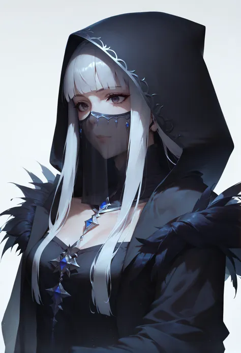 score_9,score_8_up,score_7_up, masterpiece, high quality, highres, absurdres, very high resolution, realistic, digital painting, concept art, simple white background, upper body, 1girl, hime cut, hood up, Mouth_veil, Black robe, black feather trim robe, <lora:Concept Art Twilight Style SDXL_LoRA_Pony Diffusion V6 XL:0.7>