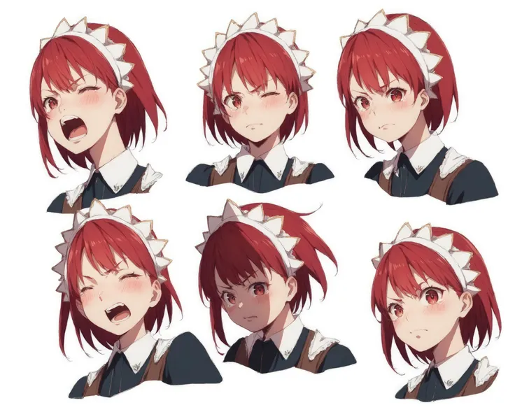 score_9, source_anime, score_8_up, score_7_up, character sheet, sensitive, 1girl, looking at viewer, blush, smile, open mouth, short hair, simple background, white background, red eyes, brown eyes, closed eyes, red hair, teeth, tears, maid, multiple views, maid headdress, ^_^, frown, embarrassed, portrait, angry, reference sheet, expressions <lora:character_sheet:0.8>