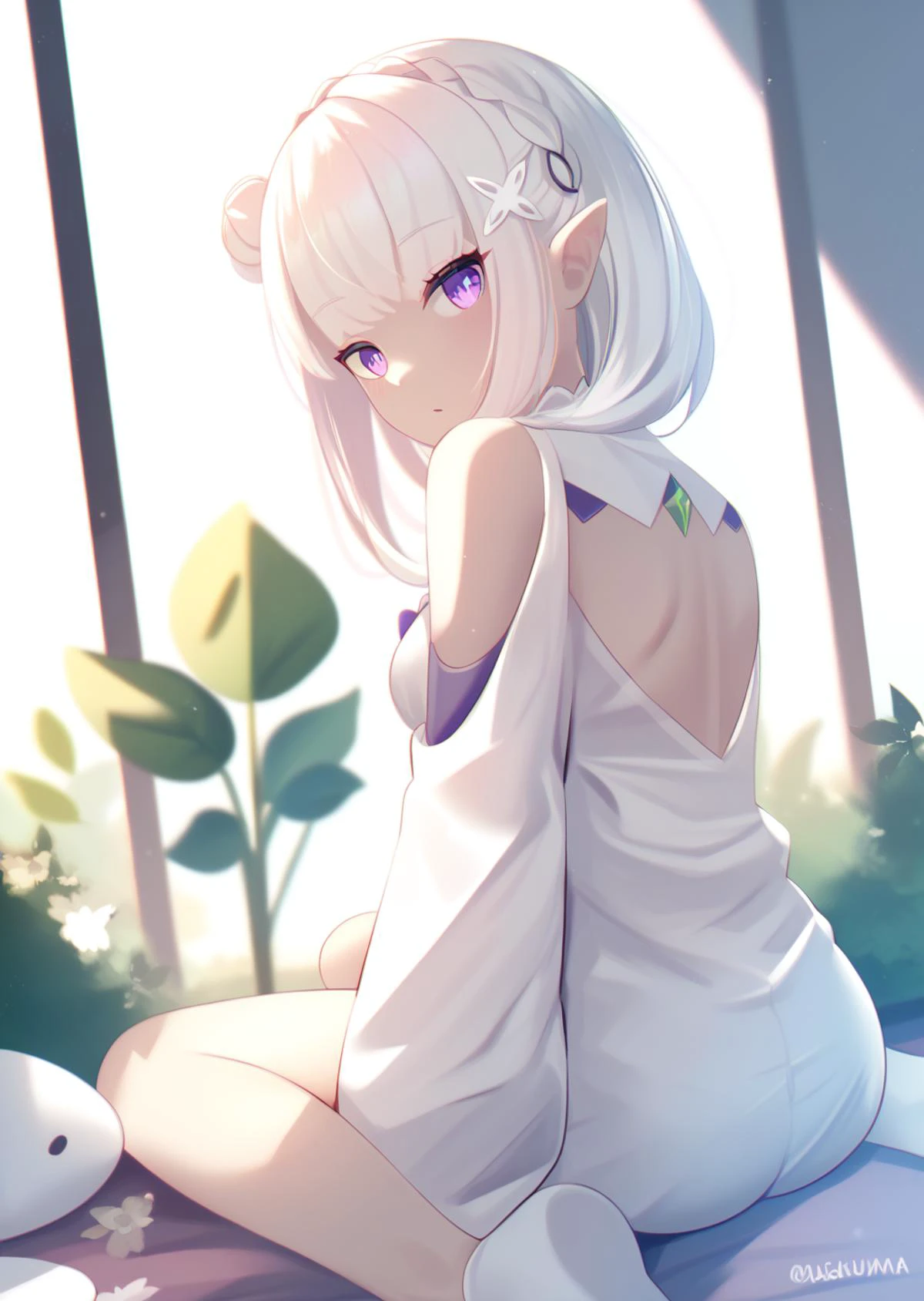 by mirufuaa, best quality, masterpiece, score_9, score_8_up, score_7_up, <lora:Emilia-XL-V7:1> Emilia, purple eyes, white hair, looking at viewer, from behind, sitting, <lora:wariza_pony:1> wariza