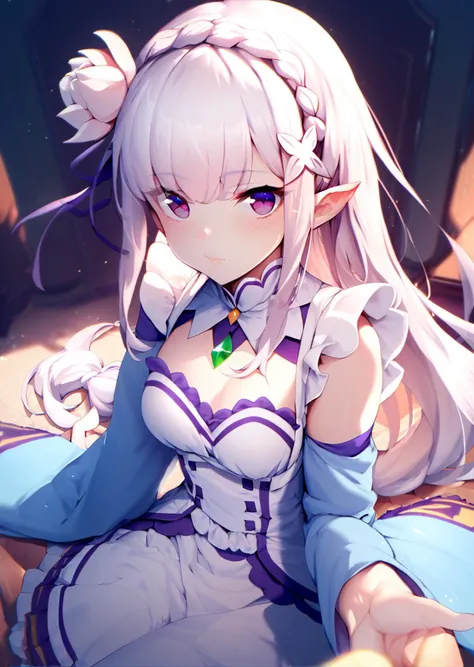 (by m-da s-tarou:0.4), (by swd3e2:0.6), (by baku-p:0.7), best quality, masterpiece, score_9, score_8_up, score_7_up, pov, looking at viewer, <lora:rezero-emilia-ponyxl-lora-nochekaiser:0.75> emilia, braid, crown braid, flower, hair flower, hair ornament, hair ribbon, long hair, pointy ears, purple eyes, white hair, x hair ornament, <lora:alice-mononobe-ponyxl-lora-nochekaiser:1>, apron, blue dress, collared dress, dress, frilled dress, frills, white apron,
