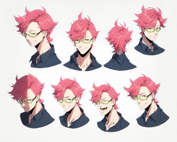 score_9, source_anime, score_8_up, score_7_up, character sheet, sensitive, looking at viewer, smile, open mouth, short hair, simple background, white background, 1boy, closed mouth, green eyes, closed eyes, pink hair, male focus, red hair, teeth, glasses, multiple views, portrait, laughing, reference sheet, expressions, green-framed eyewear <lora:character_sheet:0.8>