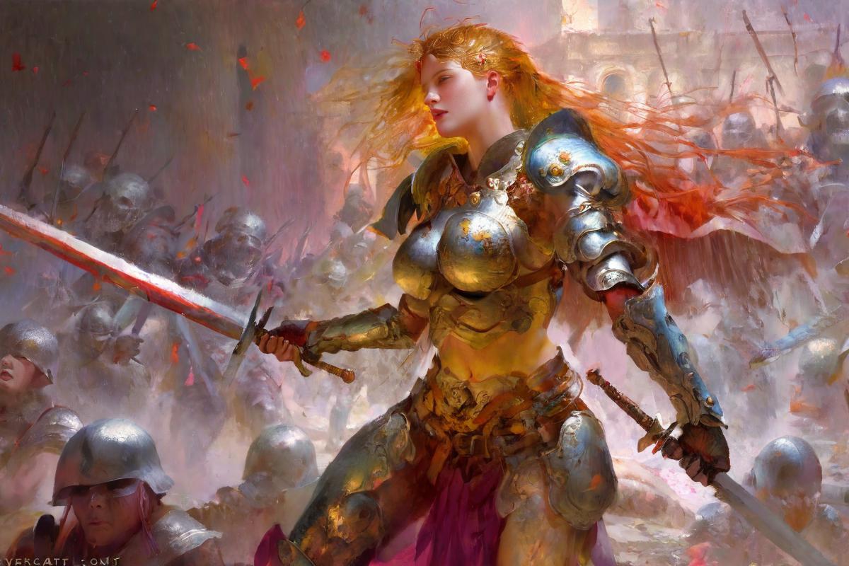 A painting of a woman in armor holding a sword in front of a crowd of ...