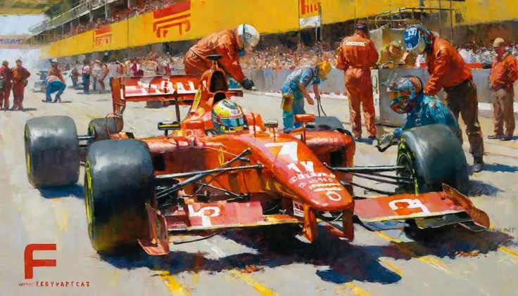 kerokeyart,
The F1 car in the pits is surrounded by mechanics.
Best quality and rich in detail <lora:kerokeyart :1>