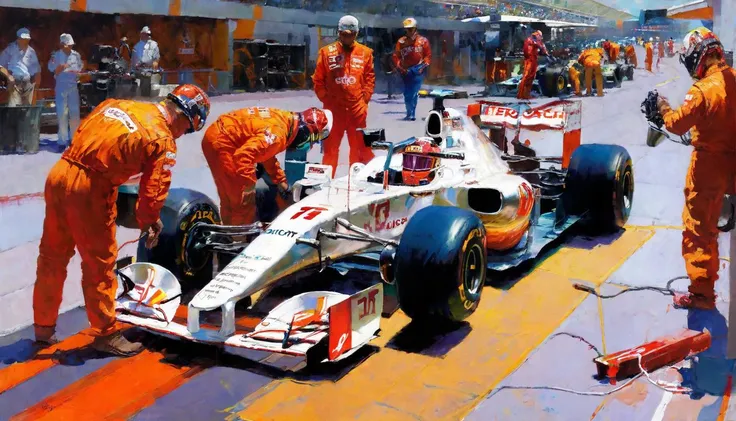 kerokeyart,
The F1 car in the pits is surrounded by mechanics.
Best quality and rich in detail <lora:kerokeyart :1>