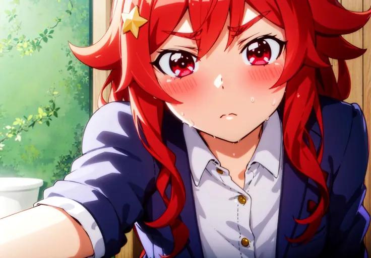 akagi_rin\(denchi-project\), 1girl, solo,pout, solo, star hair ornament, ((masterpiece,best quality, detailed)),akagi_rin\(uniform\), <lora:AkagiRin(DenchiProject)V6lora:0.6>,toilet, (selfie), cowboy shot, full-face blush, sweat, out of frame, frown, drop shadow,