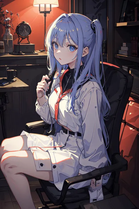 1girl, falda azul, Uniforme de escuela secundaria, sentada, Buttocks shape, Vista posterior, Sit in the chair, Agazapado, A tope vista completa, Giganta, Angle low, Perspectiva de ojo de pez, Punto de vista de la hormiga
