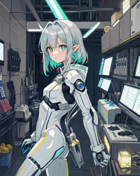 masterpiece, Super Quality,hires,
((upper body)),(iron mask), mechanical arms,((delicate and beautiful mechanical parts)),((colored inner hair)), (silver hair:0.8),(light green hair:0.7),(white pupils),delicate and beautiful girl,pilot suit,armored bodysuit,light smile,disheveled hair,((pointy ears)), face focus,
(((factory))),(spacecraft interior, ),(bridge), (lights),(weapon stand),(glowing crystal), (geometric pattern),((pinstripe pattern)),