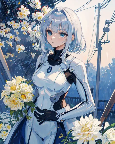 
hires,(masterpiece),(best quality),(ultra-detailed),(illustration),(an extremely delicate and beautiful),(dynamic angle),

mature female,(iron mask),[(cystal blade), (holding polearm)],bodysuit,(delicate and beautiful  body),silver hair,

science fiction,(power lines),(rain),(unmoving pattern),(light particles), 