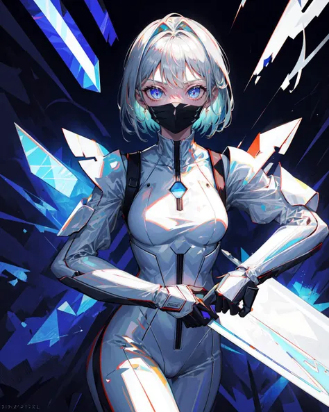 (hires,masterpiece,best quality),(slit pupils:1.2),(ultra-detailed),(illustration),(an extremely delicate and beautiful),(dynamic angle), 

mature female,(iron mask),[(cystal blade), (holding polearm)],bodysuit,(delicate and beautiful body),silver hair, 

science fiction,(power lines),(rain),(unmoving pattern),(light particles),