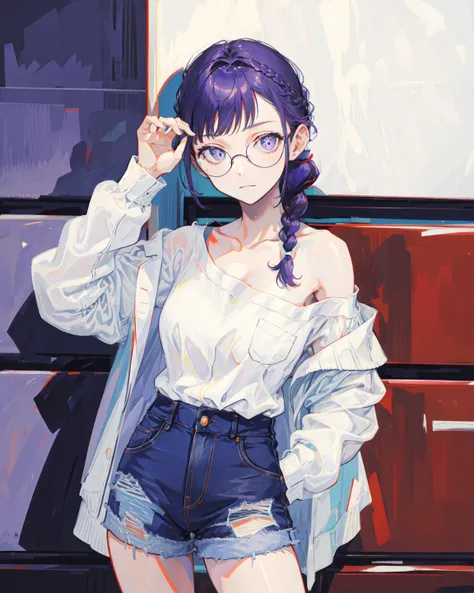 (hires,masterpiece,best quality),(slit pupils:1.2),1990s \(style\),fashion girl,solo, (1girl,mature female),(ironing,white shirt,off shoulder,denim shorts),(purple hair,braided ponytail,glasses),finger curl, face focus,street snap,intense shadows,contemporary, cowboy shot,