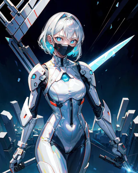 (hires,masterpiece,best quality),(slit pupils:1.2),(ultra-detailed),(illustration),(an extremely delicate and beautiful),(dynamic angle), 

mature female,(iron mask),[(cystal blade), (holding polearm)],bodysuit,(delicate and beautiful body),silver hair, 

science fiction,(power lines),(rain),(unmoving pattern),(light particles),