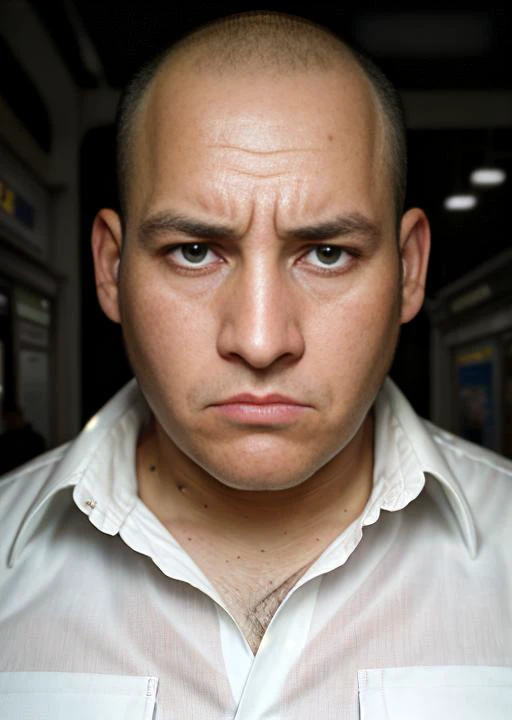 <lora:argh:1>man bald, photography, trending on artstation, sharp focus, outdoor photo, upper body close-up, intricate details, highly detailed, soaking wet clothes, wearing white shirt and trench coat, standing in paris, art nouveau metro station with metro sign, wet hair, rainy night, raining cats and dogs, rainstorm, nightscene, street lamp illumination, spotlight, hard shadows, reflections, broken heart, cheated man, sad, frown, wrinkled skin, wrinkled eyes, catchlight in eyes, cinematic scene