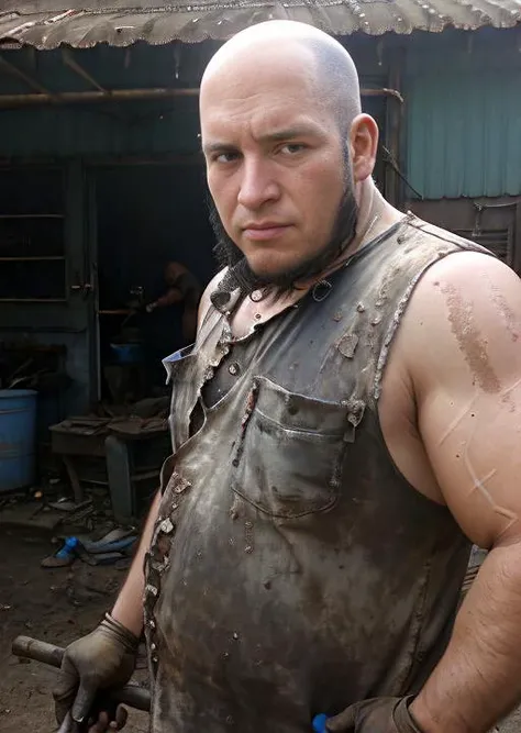 <lora:argh:1> cinematic photo, best quality, man, in front of a workshop, face dirty with car grease, dirty hands, holding a huge wrench, wearing a sleeveless shirt, bald