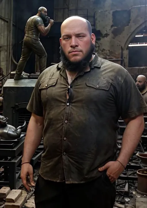 <lora:argh:1> cinematic photo, best quality, man, bald, bearded, inside a foundry, surrounded by unfinished bronze sculptures, deteriorated, with the fire from the oven lighting the place, in work clothes