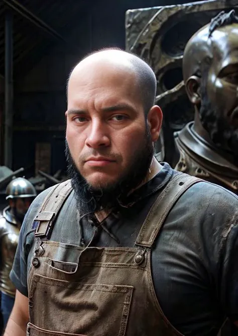 <lora:argh:1> cinematic photo, best quality, man, bald, bearded, inside a foundry, surrounded by unfinished bronze sculptures, deteriorated, with the fire from the oven lighting the place, in overalls, gloves, holding an ingot