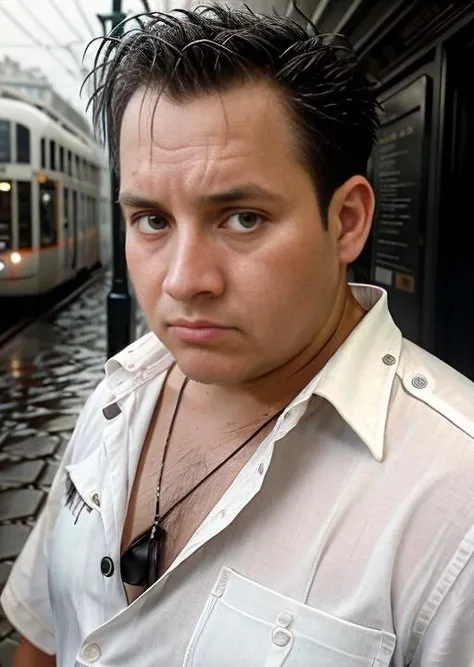 <lora:argh:1>  photography, trending on artstation, sharp focus, outdoor photo, upper body close-up, intricate details, highly detailed, by greg rutkowski, soaking wet clothes, wearing white shirt and trench coat, standing in paris, art nouveau metro station with metro sign, wet hair, rainy night, raining cats and dogs, rainstorm, nightscene, street lamp illumination, spotlight, hard shadows, reflections, broken heart, cheated man, sad, frown, wrinkled skin, wrinkled eyes, catchlight in eyes, cinematic scene