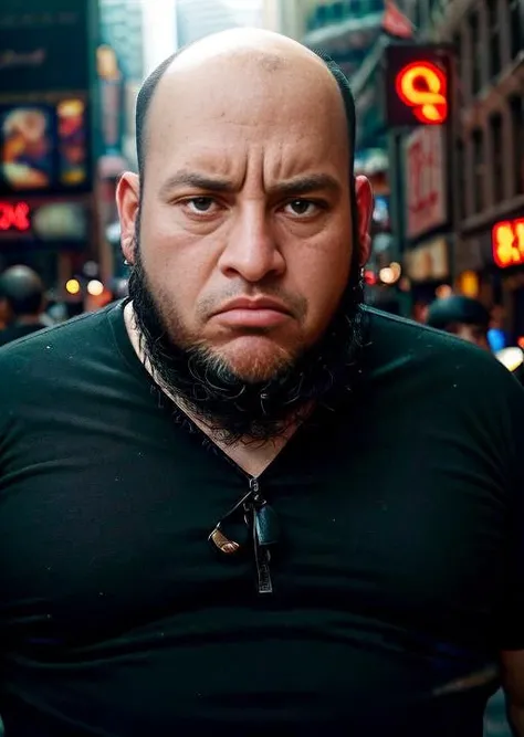 Amidst the relentless bustle of one of New York's most crowded streets, a striking figure stands in the foreground, man,bald, slightly tousled by the city's breath, beard, a look of stern resolve that seems to slice through the city's frenzy. Beside him, his iconic shelby cobra, intimidating design is instantly recognizable, his powerful charisma stealing focus. The surrounding urban whirl - the gleaming city lights, the rush of cars, and the tide of pedestrians - all soften into a beautifully blurred backdrop, accentuating his calm composure against the city's turbulence. This vivid, cinematic portrait is expertly captured through the lens of a Sigma 50mm F1.4 DG HSM Art. Known for its exceptional shallow depth-of-field capabilities, this lens sharply focuses on Wayne while rendering the rest of the scene into a dreamy, atmospheric blur, thus underscoring his compelling presence amidst the city's vibrant chaos. <lora:argh:1>
