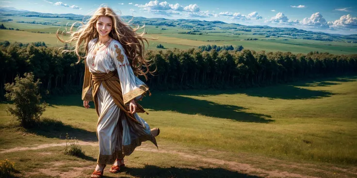 1girl, solo, long hair, blond hair, necklace, jewelry, looking at viewer, full body, germanic female, smiling, breast, wavy hair, hair waving in the wind, romanian_folklore_clothing, from above, walking on forest grasslands in background, panorama,
<lora:more_details:1> <lora:romanian_folklore_clothing:0.6>
