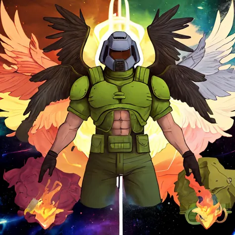 masterpiece, best quality, detailed, bibliangels, multiple wings, fire, no humans, hyperdetailed, galaxy, doomguy,<lora:doomguy-15:0.8>  ,  <lora:biblically_accurate_angel-09:1>