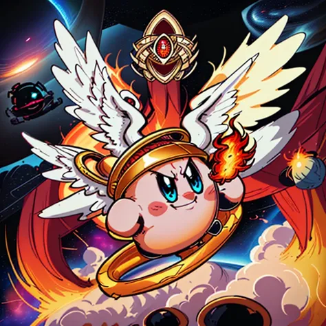 <lora:biblically_accurate_angel-09:1> bibliangels, too many eyes, no humans, multiple wings, golden rings, fire, in space, headband, angry <lora:kbV3.0:0.5> kirby, blue eyes, extra_eyes, smile,